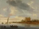 Castle on a River van Salomon van Ruysdael: landschap met kasteel, rivier, boot en water, in zacht beige en blauw