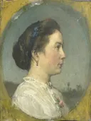 Catharina Hendrika Horn (1841 1905). Echtgenote van de schilder van Jacob Maris: portret met vrouw, profiel, haarlint en wit kleed, in zachtblauw en wit