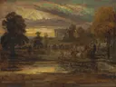 Cattle at a Pool at Sunrise van James Ward: dieren met koeien, water, bomen en zonsopgang, in goudbruin en groen