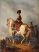 Cavalier on a White Horse van Francesco Giuseppe Casanova: dieren met paard, ruiter, wit paard en landschap, in warm bruin met wit