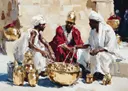 Schilderij van drie mannen tijdens een ceremonie rond een gouden schaal