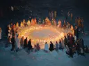 Schilderij van een ceremoniële kring van mensen rond kleine kaarsjes