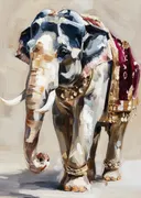 Olifant getooid met rood-gouden ceremonieel kleed