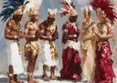Schilderij van een ceremoniele processie met figuren in gouden hoofdtooien