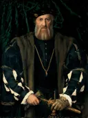 Charles de Solier, Sieur de Morette van Hans Holbein The Younger: portret met man, bontjas, baard en dolk, in donkerblauw en zwart