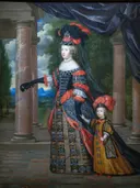 Charles et Henri Beaubrun, Portraits de la reine Marie Thérèse d'Autriche et du Grand Dauphin, vers 1664, Madrid , inv. P002291 van Matthieu.lett.ube: portret met vrouw, kind, zuilen en hofjurk, in blauw, goud en rood