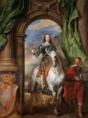 Charles I with M. de St Antoine van Anthony van Dyck: portret met ruiter, paard, harnas en boog, in warm groen en rood