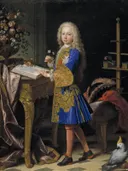 Charles III as a Child van Jean Ranc: portret met jongen, tafel, papegaai en bloemen, in donkerbruin met blauw en goud
