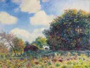 Chemin à l'entrée d'un bois van Alfred Sisley: landschap met bos, pad, bomen en herfst, in groen met rood