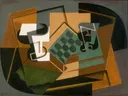 Chessboard, Glass, and Dish van Juan Gris: stilleven met schaakbord, glas, schaal en tafel, in okergeel en groen