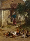 Chickens in front of a farmhouse van Constant Troyon: dieren met kippen, haan, boerderij en vrouw, in warm bruin en groen
