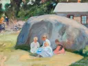 Children playing in the yard van Pekka Halonen: figuren met kinderen, rots, erf en huis, in fris groen en blauw
