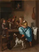 Children teaching a cat to dance, known as 'The dancing lesson van Jan Steen: figuren met kinderen, kat, hond en fluit, in warm bruin met blauw