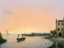Chioggia vor Sonnenaufgang van Giuseppe Canella the Younger: zee met haven, boten, zonsopgang en water, in zachtroze en lichtblauw