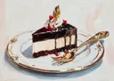 Punt chocoladetaart met slagroom en rode besjes op een bord met gouden vork