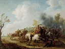Choque de caballeria van Pieter Meulener: figuren met ruiters, gevecht, paarden en rook, in okergeel en lichtblauw
