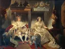 Christiaan VIII en koningin Caroline Amalie in kroningsmantel van Joseph-Désiré Court: figuren met kroon en scepter