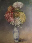 Chrysanthemen in einer Vase van Gustave Caillebotte: bloemen met chrysanten, vaas, boeket en tafel, in roze, geel en wit