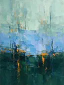 Abstract landschap in cipresgroen en hemelsblauw