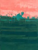 Abstract landschap in cipresgroen en koraalroze