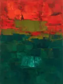 Abstract landschap in cipresgroen en scharlaken
