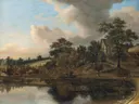 (circle of) A wooded landscape with a cottage by a lake van Jacob van Ruisdael: landschap met bos, bomen, water en huisje, in donkergroen en grijs