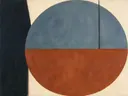 Cirkel in tweeën in de stijl Geometric Earth, in gedempt blauwgrijs, romige crème en terracotta, met een diepzwart accent
