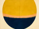 Cirkel in tweeën in de stijl Geometric Earth, in mosterdgeel, warm perzik en dieper marineblauw, met romige crème