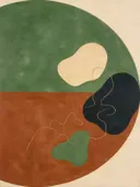 Cirkel in tweeën in de stijl Geometric Earth, in saliegroen, romige crème en terracotta, met een diepzwart accent