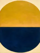 Cirkel in tweeën in de stijl Geometric Earth, in mosterdgeel, warm perzik en dieper marineblauw, met romige crème