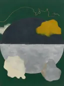 Cirkel in tweeën in de stijl Geometric Earth, in grafiet, zilvergrijs en bleek been, met een mosterdgeel accent