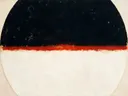 Cirkel in tweeën in de stijl Geometric Earth, in inktzwart en beenderwit, met één baan vermiljoen