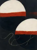 Cirkel in tweeën in de stijl Geometric Earth, in inktzwart en beenderwit, met één baan vermiljoen