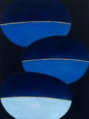 Cirkel in tweeën in de stijl Geometric Earth, in middernachtindigo, kobalt en bleek ijsblauw, met een dunne gouden lijn