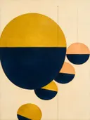 Cirkel in tweeën in de stijl Geometric Earth, in mosterdgeel, warm perzik en dieper marineblauw, met romige crème
