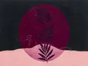 Cirkel met bladsilhouet in de stijl Retro Shapes, in aubergine, diep magenta en zacht blos, met een dunne gouden lijn