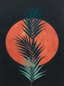 Cirkel met bladsilhouet in de stijl Retro Shapes, in diep zeegroen, petrolblauw en bleek zeeschuim, met een warm koraalrood accent