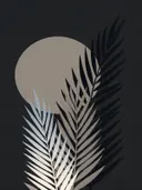 Cirkel met bladsilhouet in de stijl Retro Shapes, in steengrijs, bleek blauwgrijs en krijtwit, met een diepzwart accent