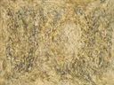 Action painting schilderij, cirkel (drip) in mosterd en kobalt