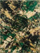 Action painting schilderij, cirkel (sweep) in smaragd en zwart