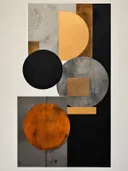 Abstract schilderij met cirkels in goud, zwart en roestoranje.