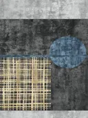 Abstract schilderij met cirkels en geweven raster in blauw en goud