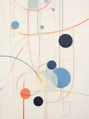 Abstracte compositie met cirkels en fijne gebogen lijnen op crème achtergrond