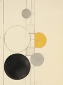 Abstracte compositie met cirkels in verschillende texturen en kleuren, waaronder geel, zwart en wit