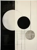 Abstract schilderij met een zwarte cirkel, een lichte cirkel en een fijn lijnenraster.