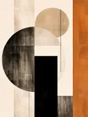 Abstract geometrisch schilderij met cirkels, een zwart vierkant en een oranje vlak.