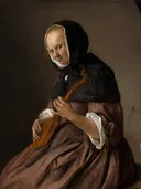 Cister spelende vrouw van Jan Steen: figuren met vrouw, luit, muziek en zwarte kap, in donker met warm bruin