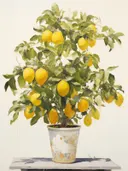 Citroenboom in crèmewitte pot, stilleven schilderij