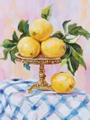 Schilderij van citroenen met blad op een gouden taartstandaard.