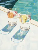 Citrus bij het zwembad, schilderij van twee glazen water met citrusschijfjes aan de rand van een zwembad